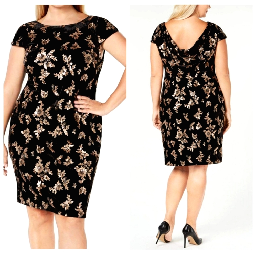 Calvin Klein Nwr Black Velvet Gold Sequin Floral Cap Sleeve Draped Back …